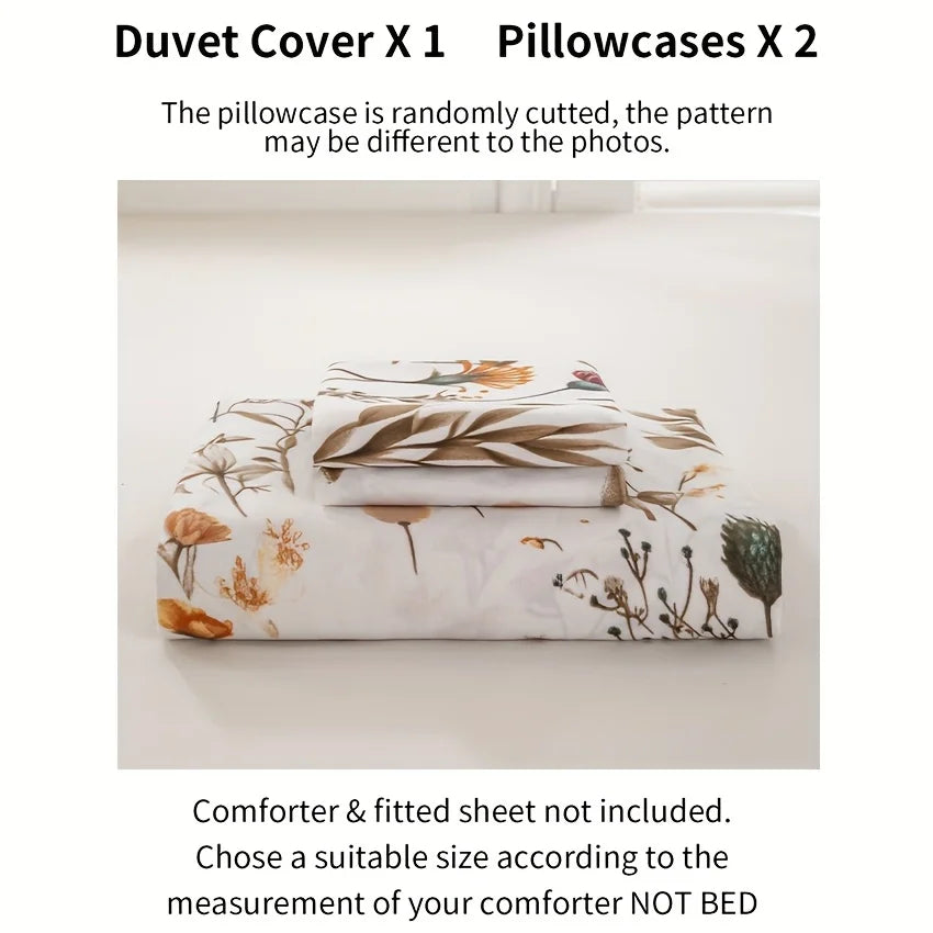Floral Plant Print Quilt Cover Set, Includes 1 Quilt Cover and 1-2 Pillowcases