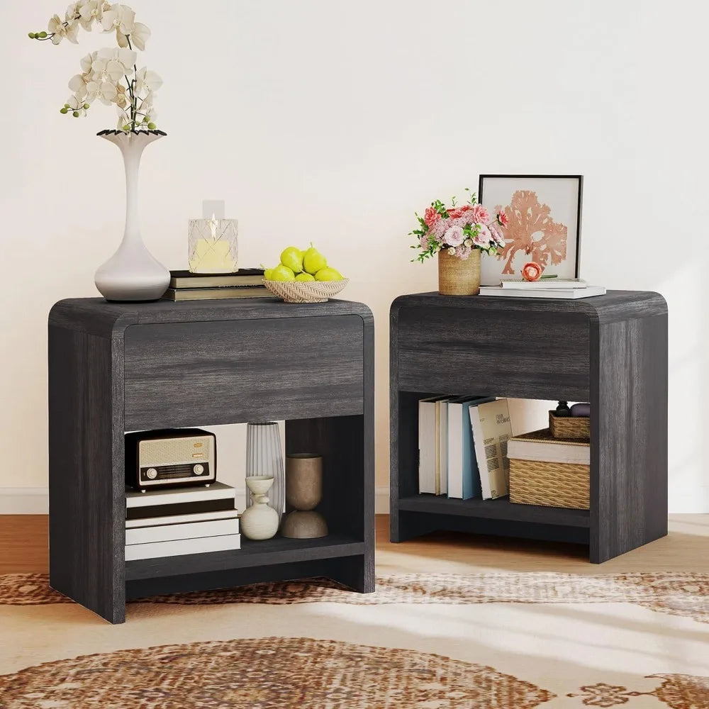 Modern Night Stand Set 2 with Storage Drawer & Open Shelves, 24"