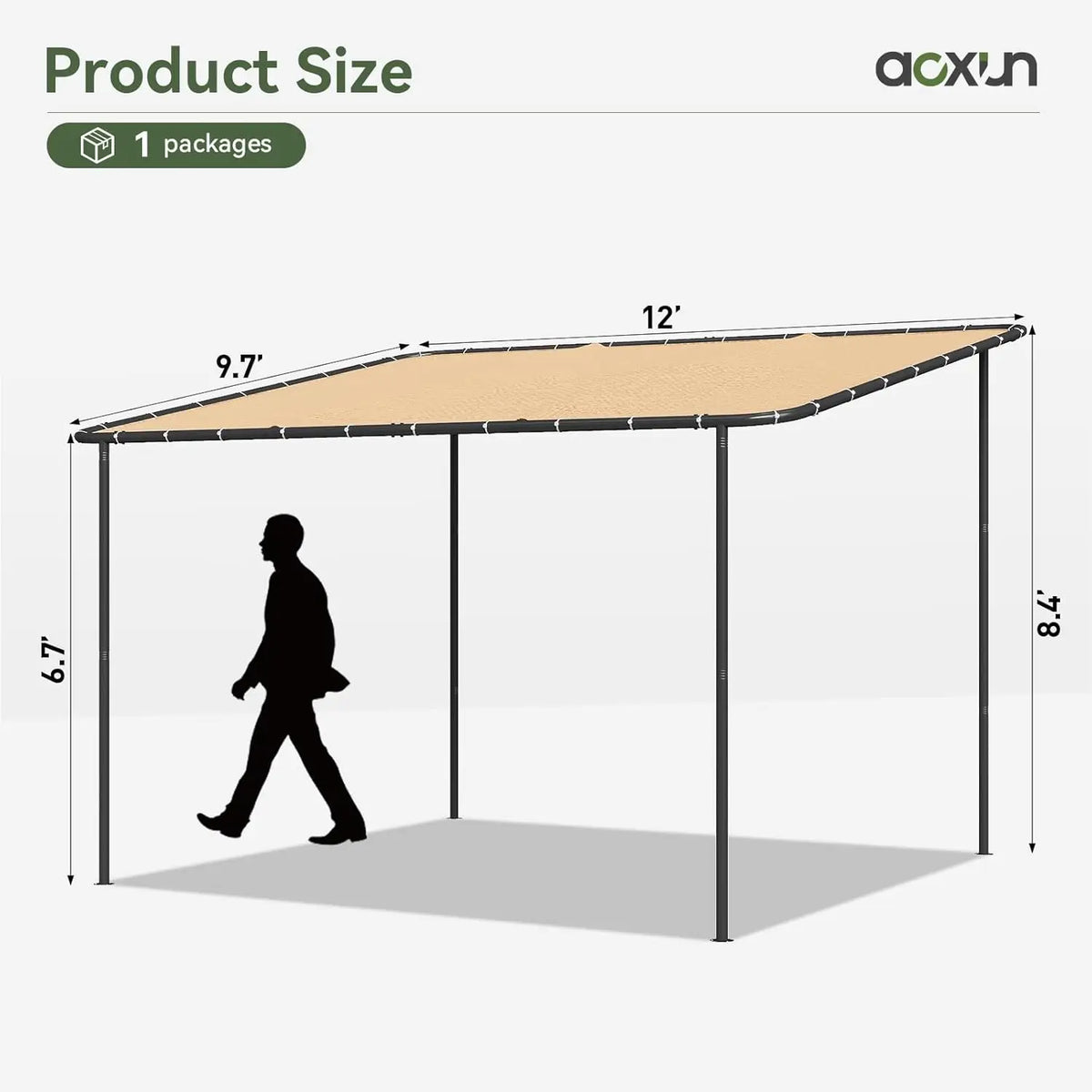 10x12 Lean to Gazebo Wall-Mounted Pergola, Sloped Roof Awning . Khaki