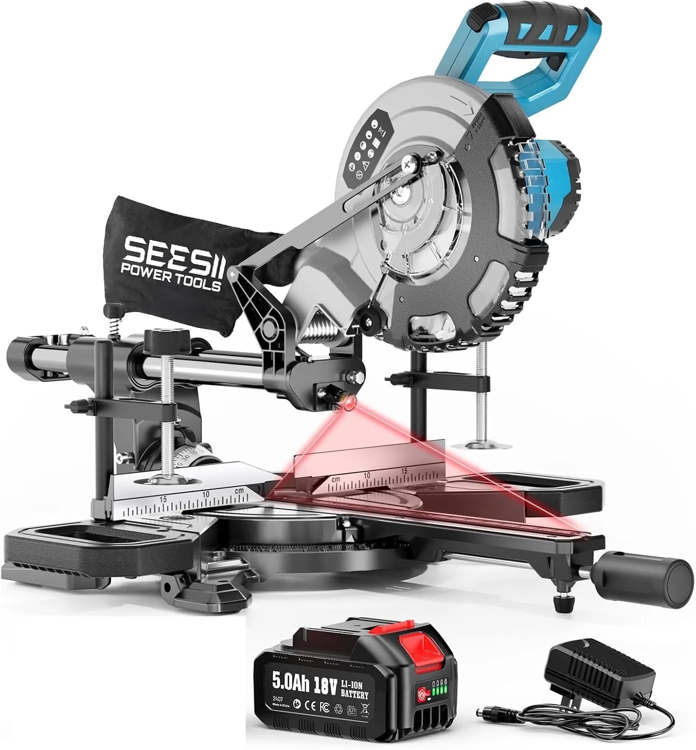8-Inch Sliding Compound Miter Saw Cordless Power Miter Saw with Laser Guide 2 pcs 5000 . Batteries Single Bevel 45° 24T TCT Blade Max Cut 2.5×12-inch .
