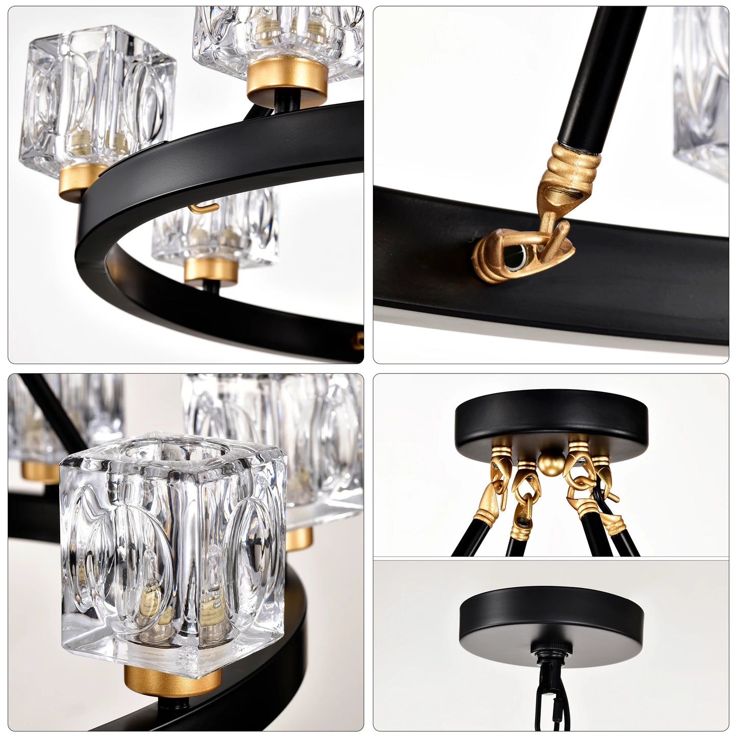 Matte Black + Gold Wagon Wheel Chandelier Farmhouse Modern Small Crystal Round Chandelier for Living Room Kitchen Island Foyer H