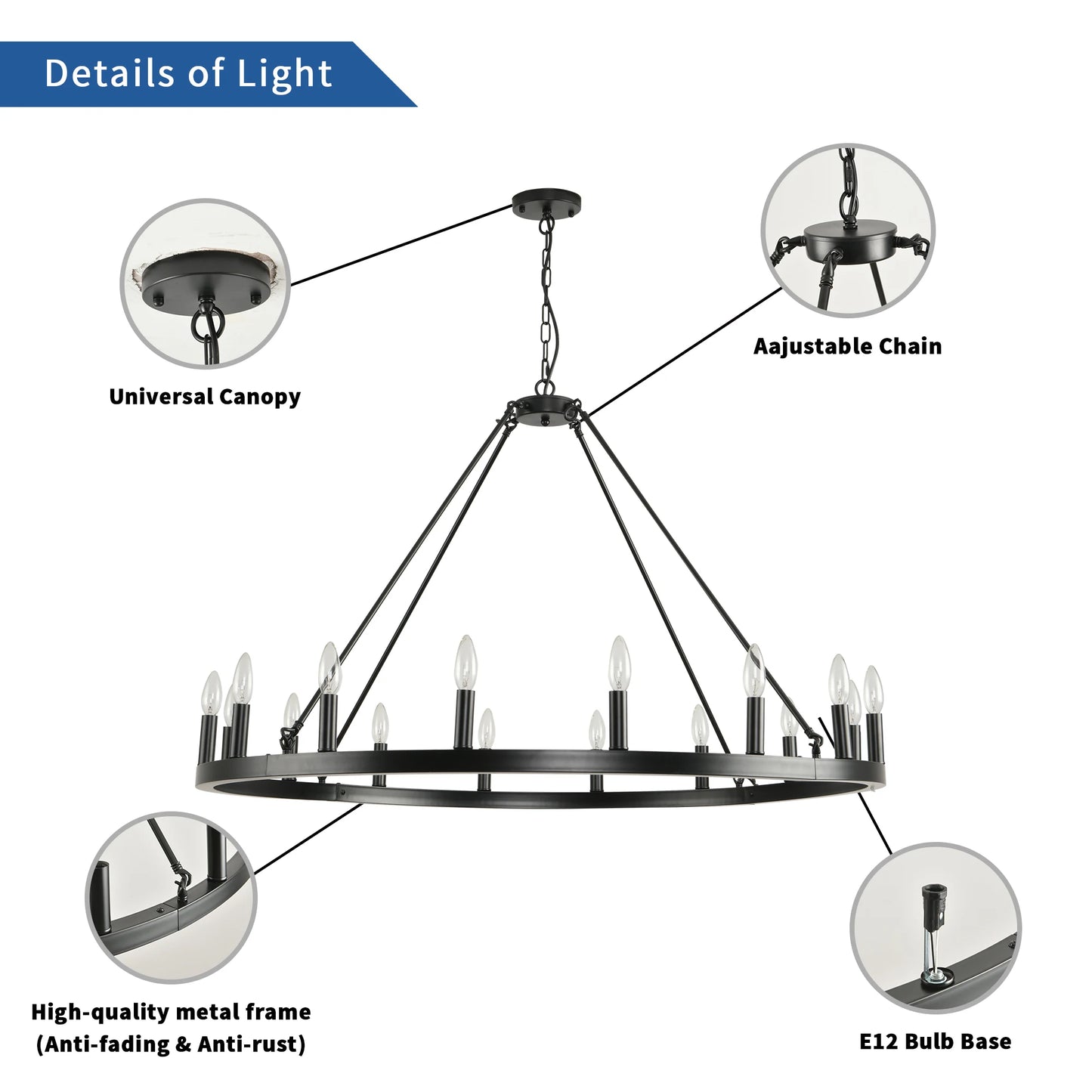 16-Light Wagon Wheel Chandelier Round Matte 43 inch Modern Rustic Farmhouse