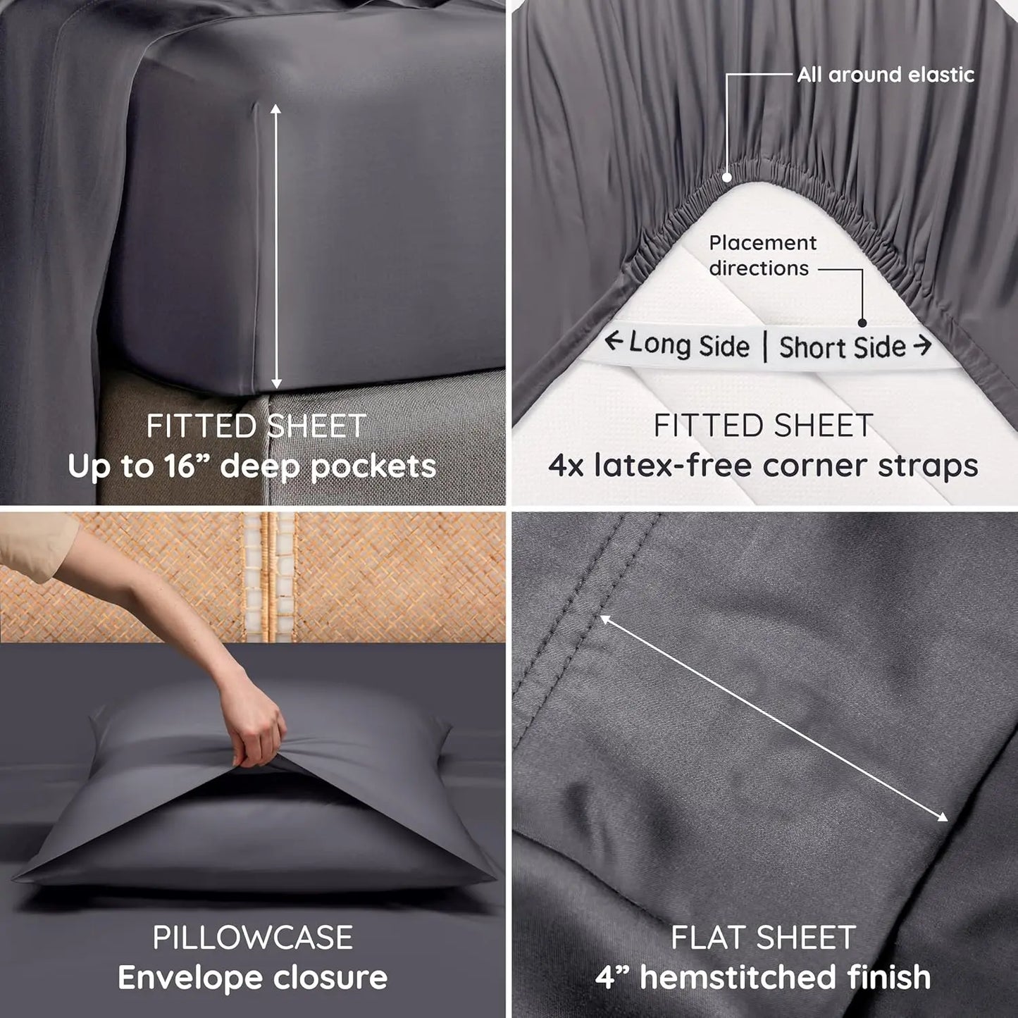 Bamboo Sheets Queen Size Set 4pcs Cooling Bed Sheet. Fits 16'' Mattress Charcoal