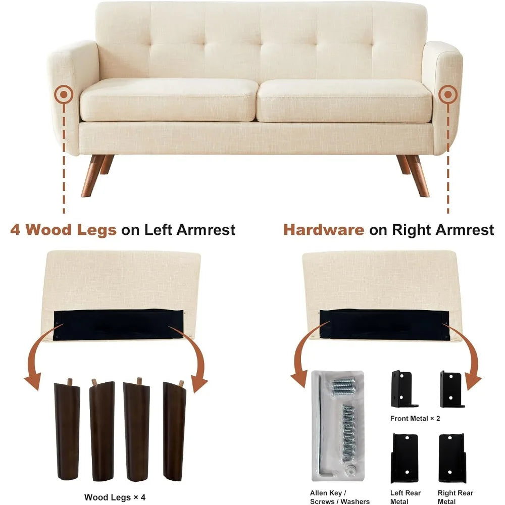 Mid Century Modern Loveseat Sofa . Beige Upholstered, .