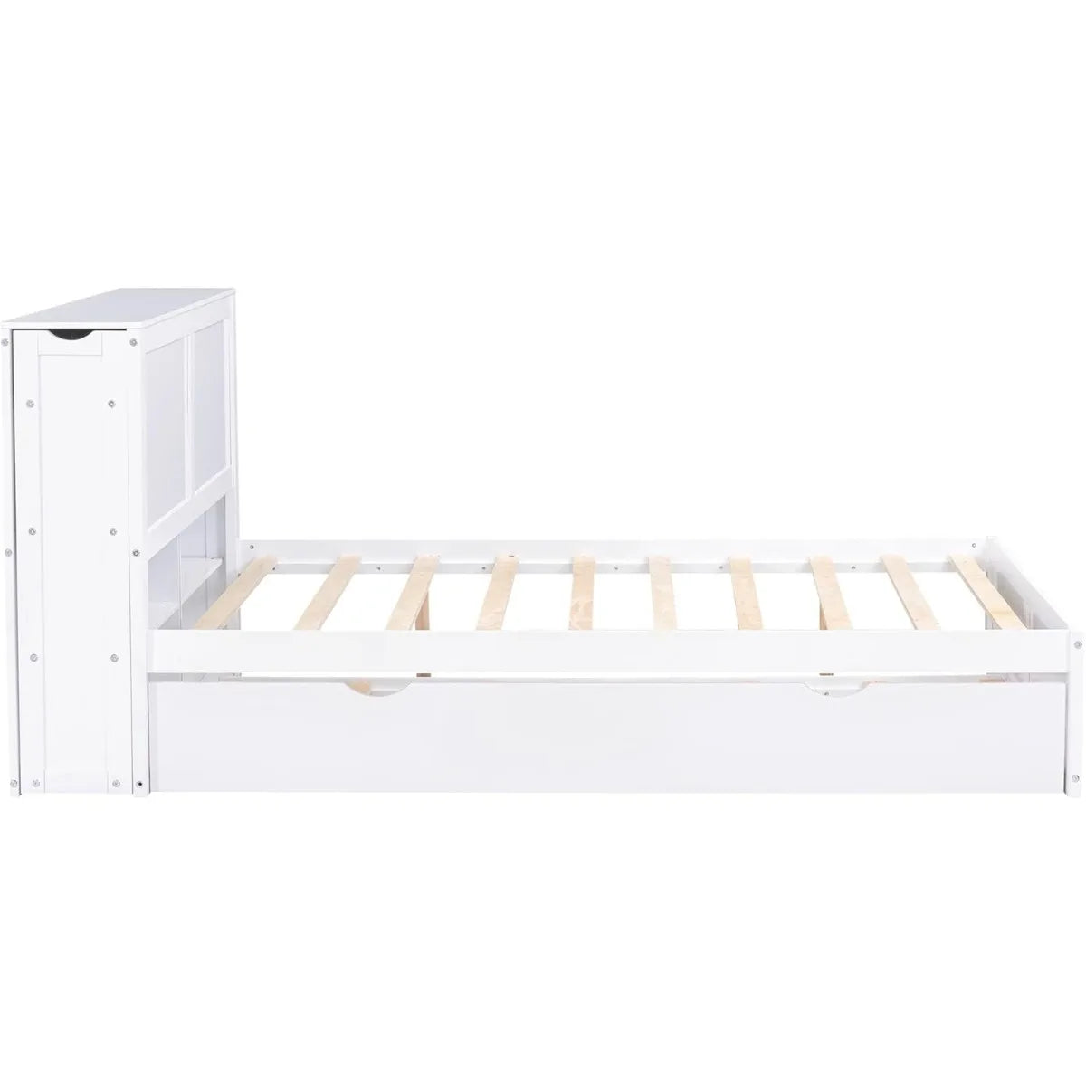 Full Size Storage Platform Bed with Pull Out Shelves, Twin Size Trundle, Solid Wood and MDF, 98" L x 89" W x 39.5" H