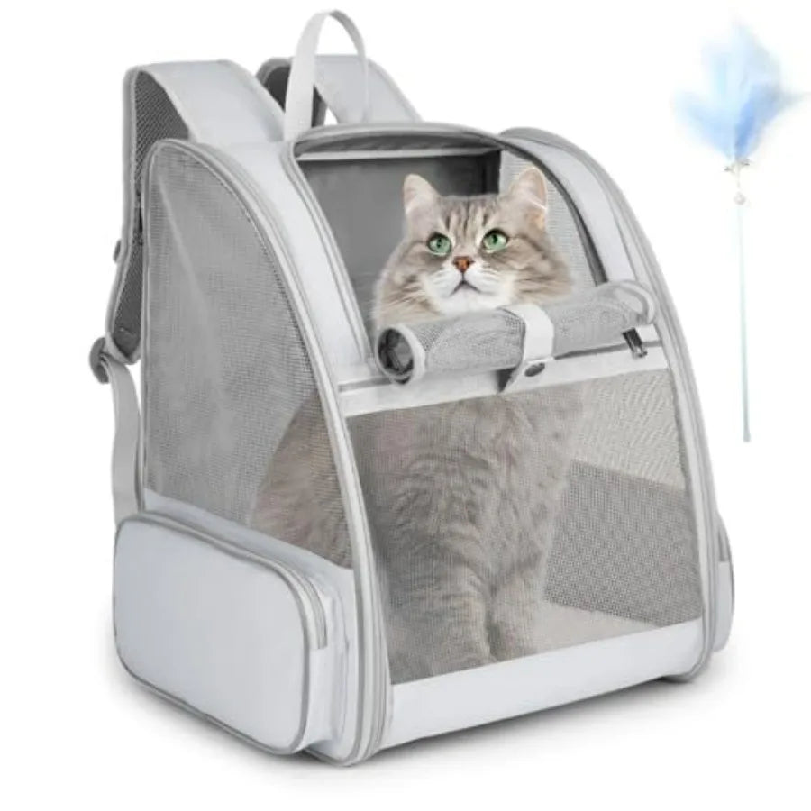 Cat Backpack Carrier, Large Pet Carrier Backpack with Kitten Wand Feather Toy
