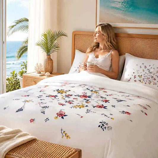 2/3Pcs Floral Cluster Printed Duvet Cover Set, White Base Vintage Botanical Flower Bedding Set, .