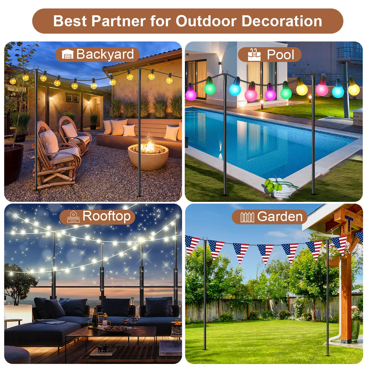 6/4/2pcs 10ft Metal String Light Poles with Fork ,Waterproof Adjustable Heavy-Duty Lighting Stand .