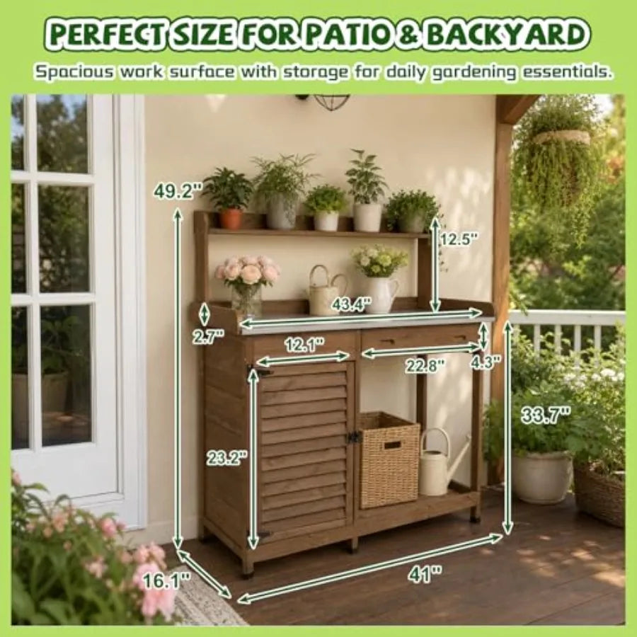 Outdoor Potting Bench Table .Wooden Frame With Metal Tabletop; Natural Brown; .