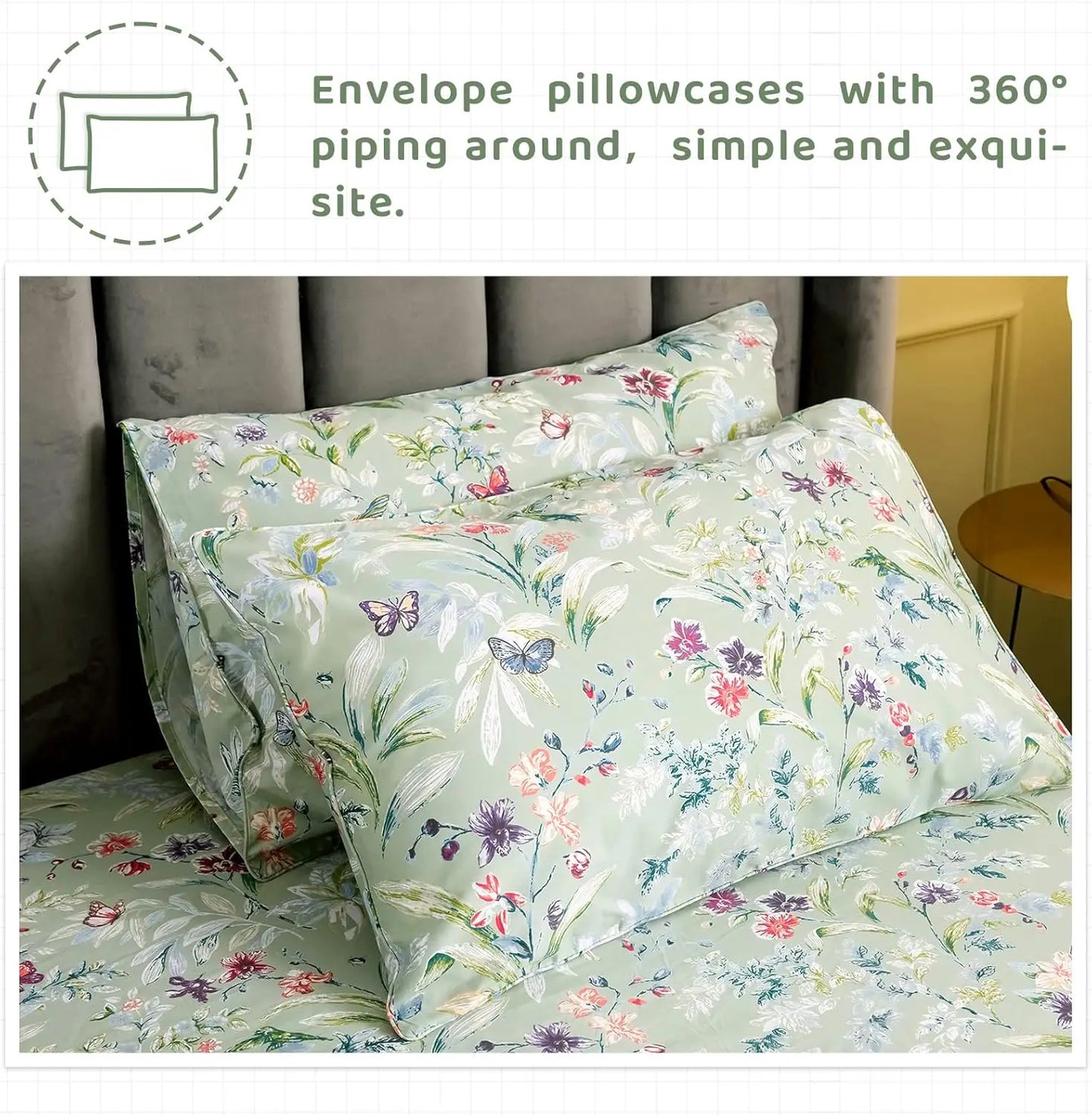 Queen Size Floral Sheet Set with Green Flower Bird Butterfly Print - Botanical Egyptian Cotton Bed Sheets.