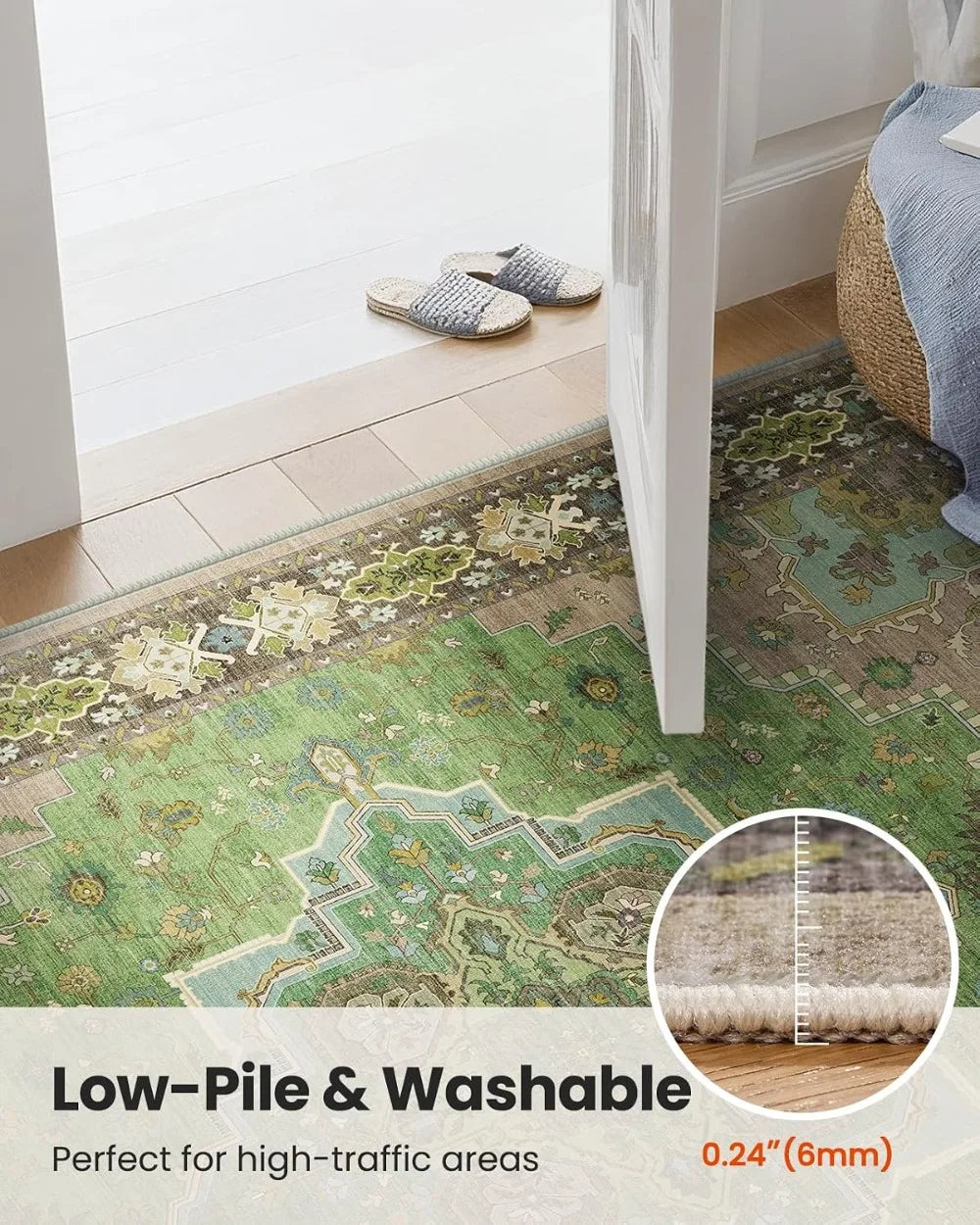 8x10 Vintage Washable Area Rug. Low-Pile Non-Slip Carpet for.