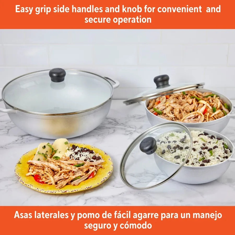 1.5/2.5/5.2qt Cast Aluminum . 3pc Set with Glass Lid - 18/22/28cm Tempered Glass Lid, Riveted Handle.