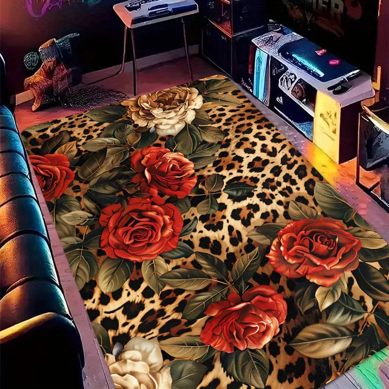1Pc/ 8mm Vintage Leopard Print Rose Esports Room Floor Mat. Machine Washable .
