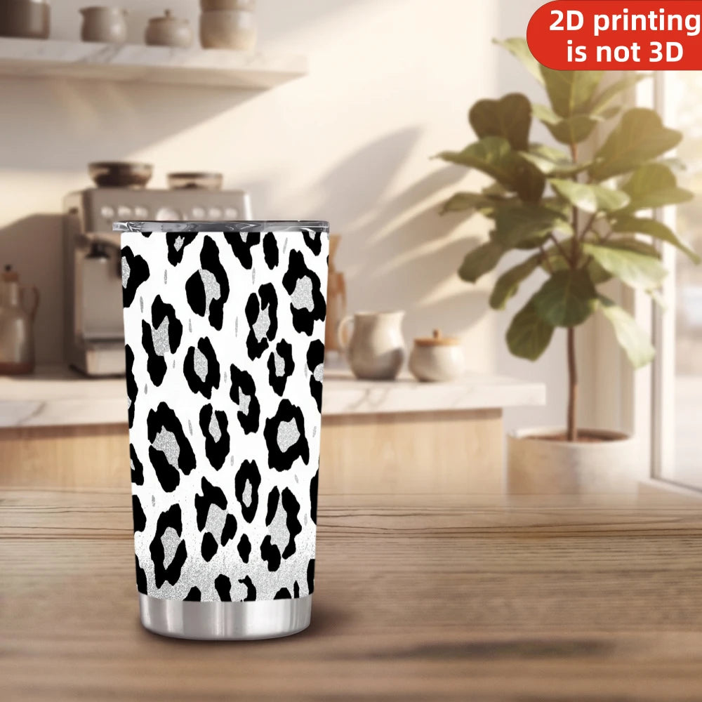 20oz Black Silver Glitter Leopard Print Stainless Steel Tumbler with Lid and Straw.
