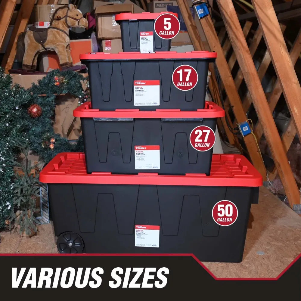 Heavy Duty Plastic Storage Container with Snap Lid 27 Gallon . Black and Red