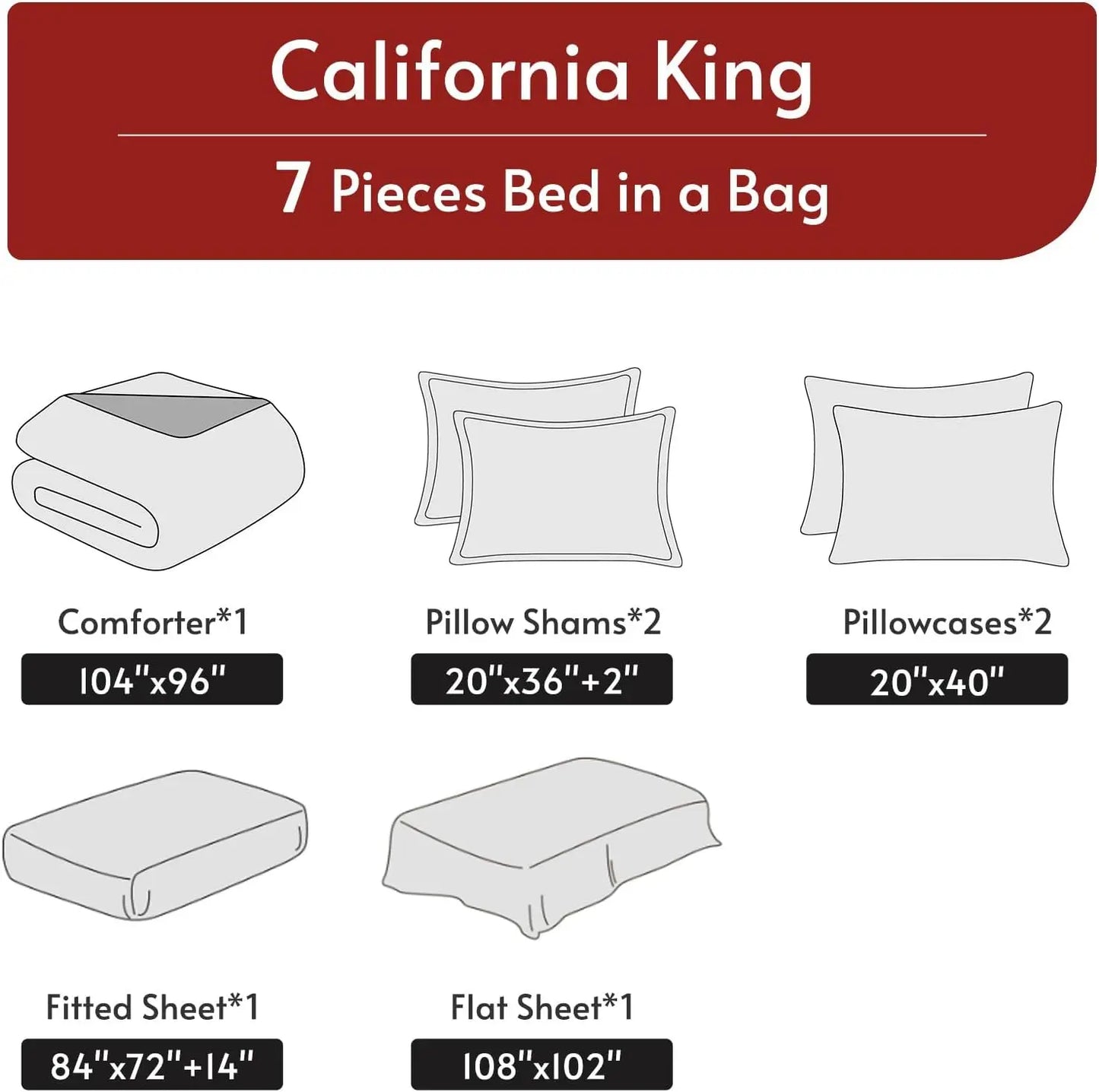 7 Pieces California King Comforter Set Reversible Bed in a Bag. Red Black