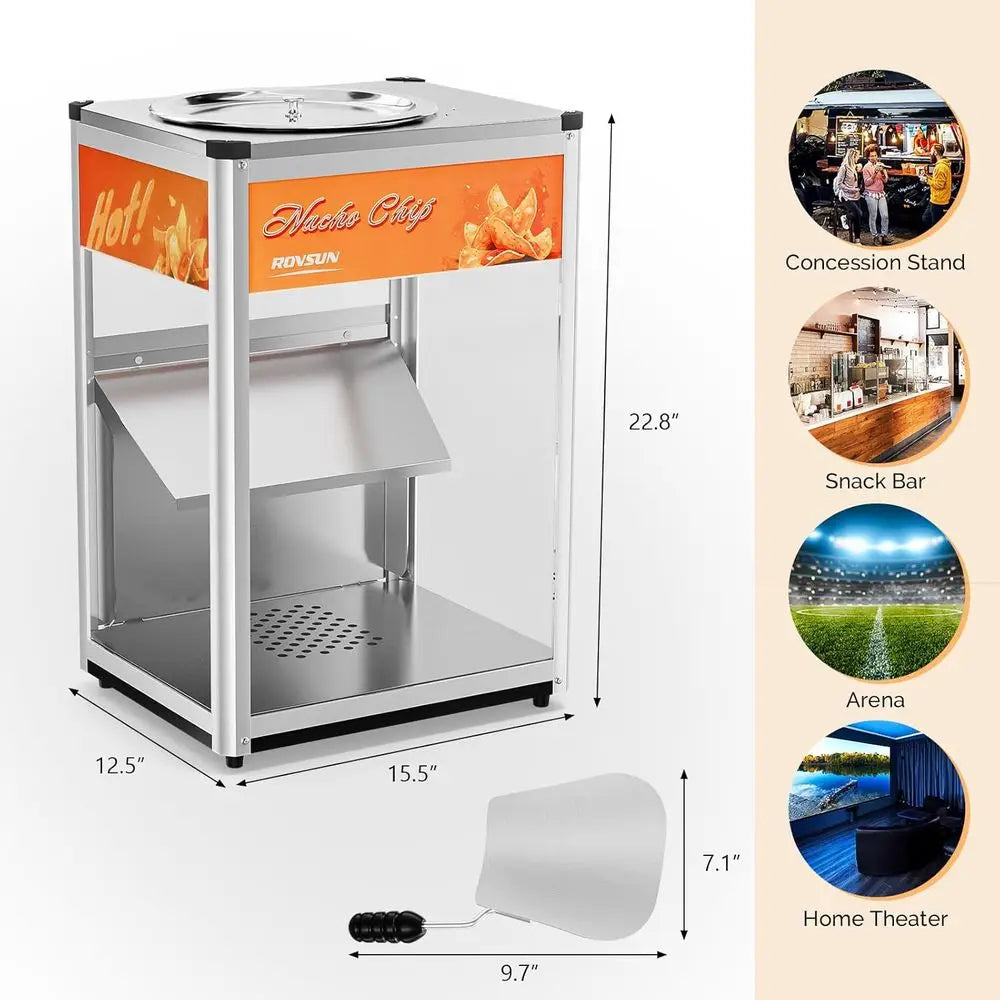Nacho Chip Warmer, Nacho Machine Countertop Food Warmer Display Case with Warming Light, Glass Door, Scoop & Removable Deflectio