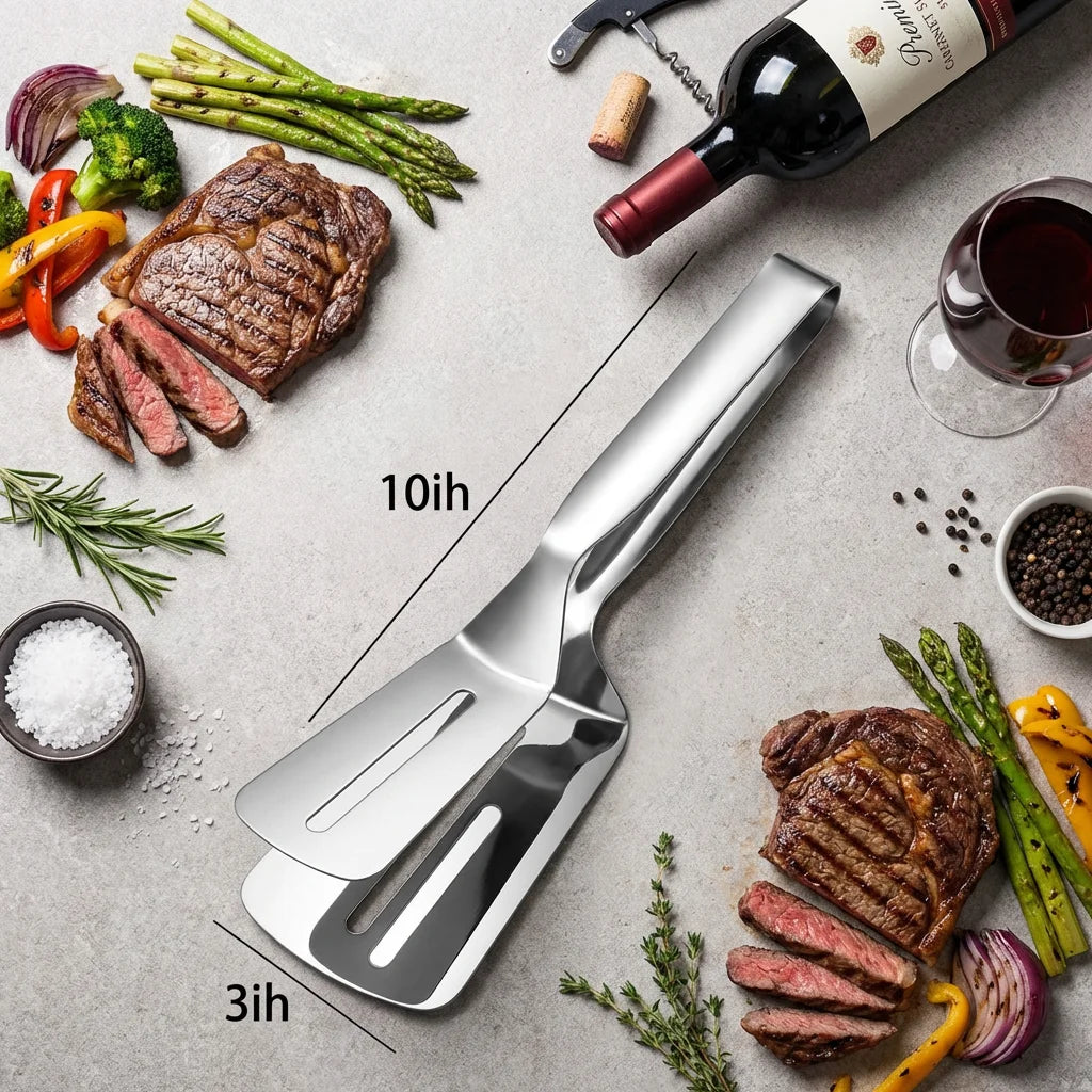 Durable Stainless Steel Steak Clip - Multifunctional Grill Tongs with Spatula,