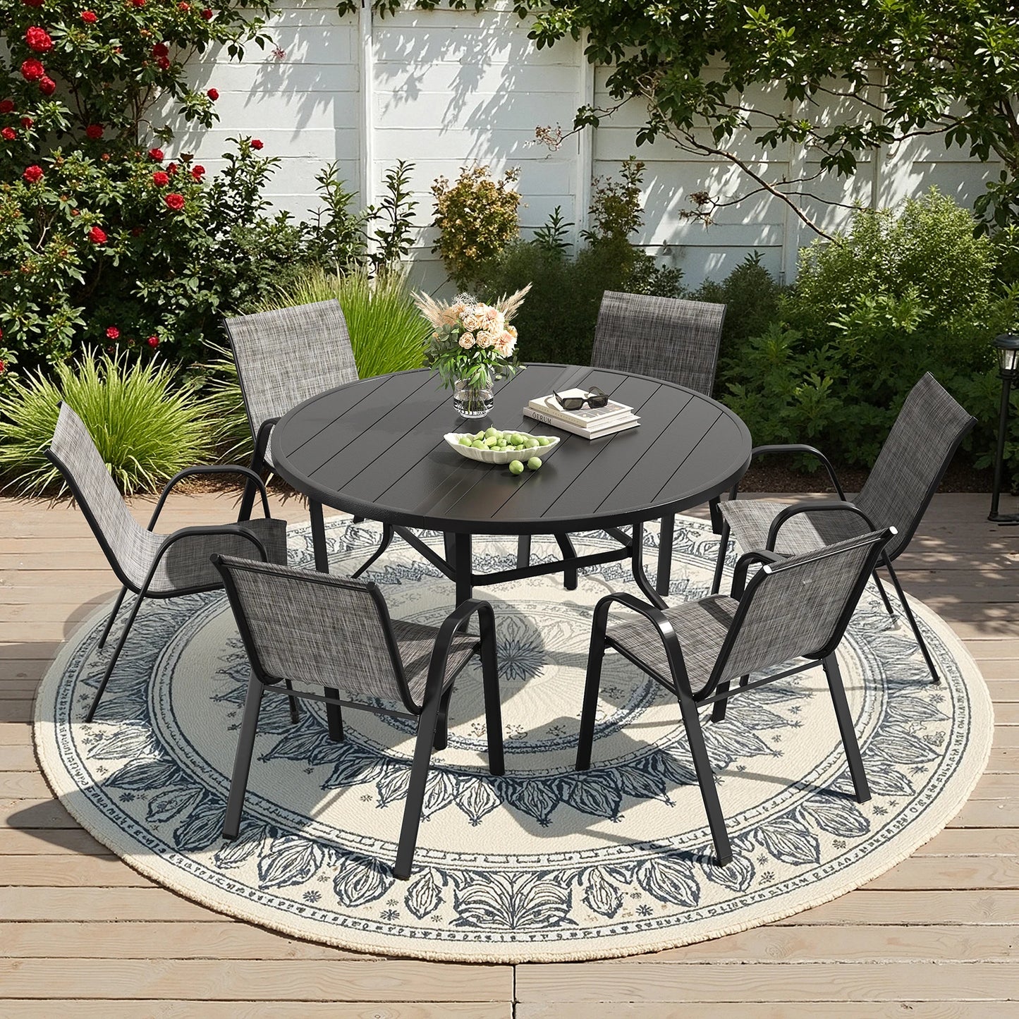 7-Piece Outdoor Dining Set for 6, Round Patio Table with 6 Chairs, .