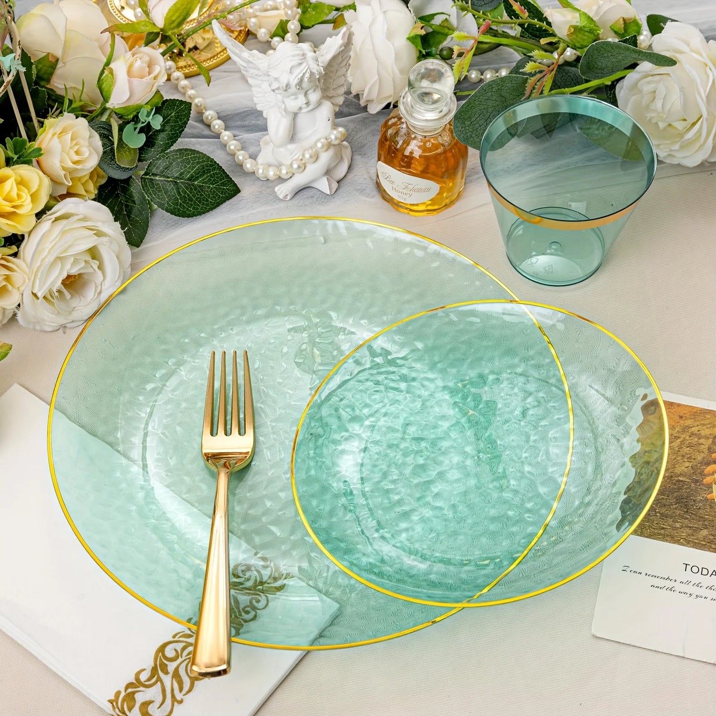 350-Piece Transparent Green Plastic Plates + Matching Green & Gold Cutlery Set