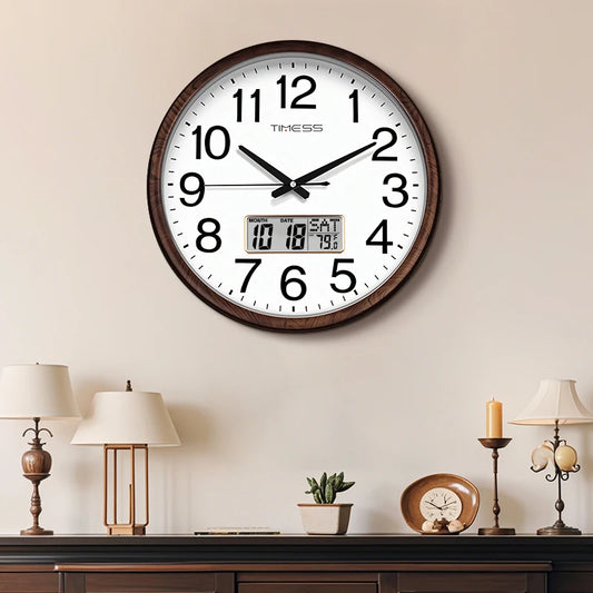 TIMESS 13-inch Wood Grain Wall Clock, Perpetual Calendar, Silent Timekeeping, Retro Home Decoration