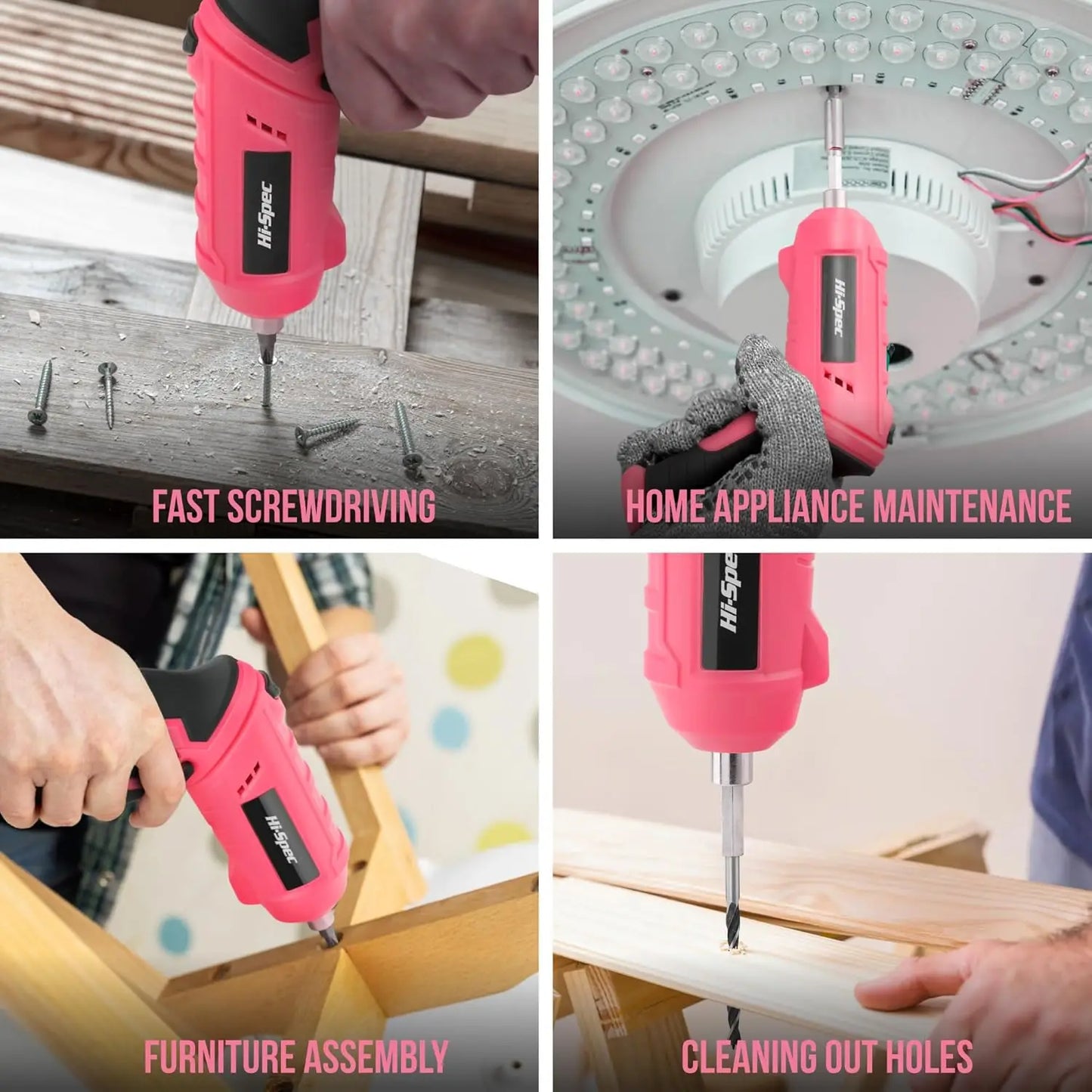 42pc Pink Cordless Power Screwdriver & Household Tool Kit with USB Rechargeable Electric Driver.