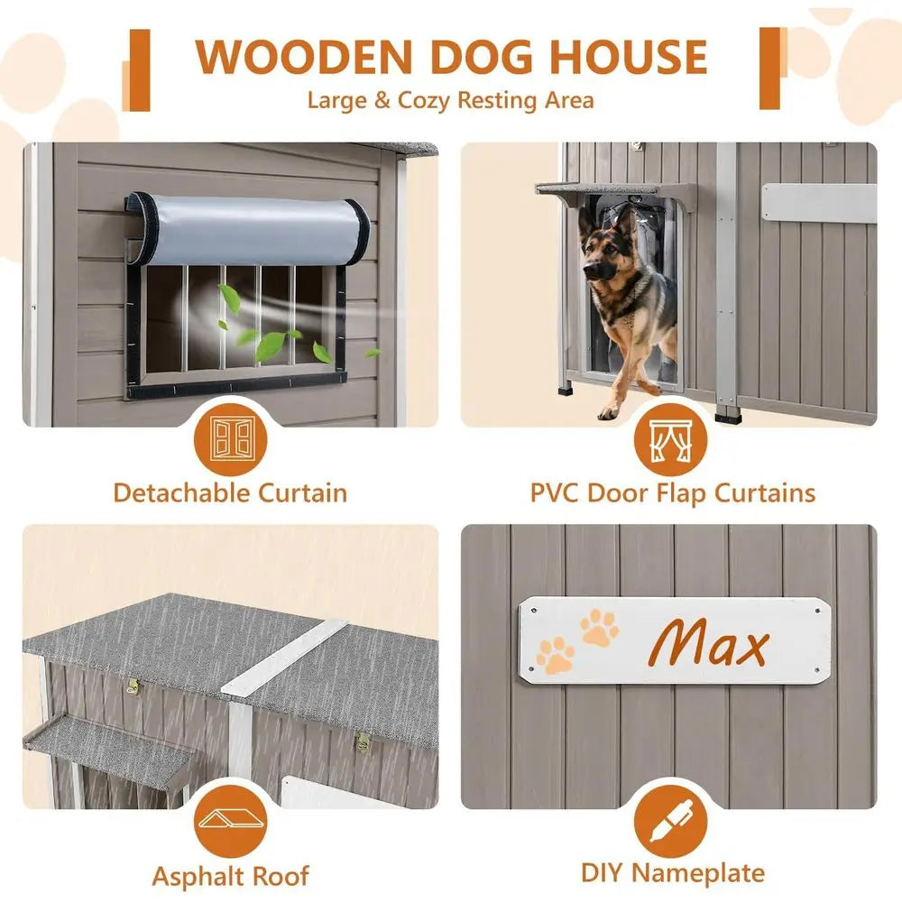 Extra Large Wooden Dog House with Weatherproof Roof, Iron Frame, Removable Floor, Openable Top