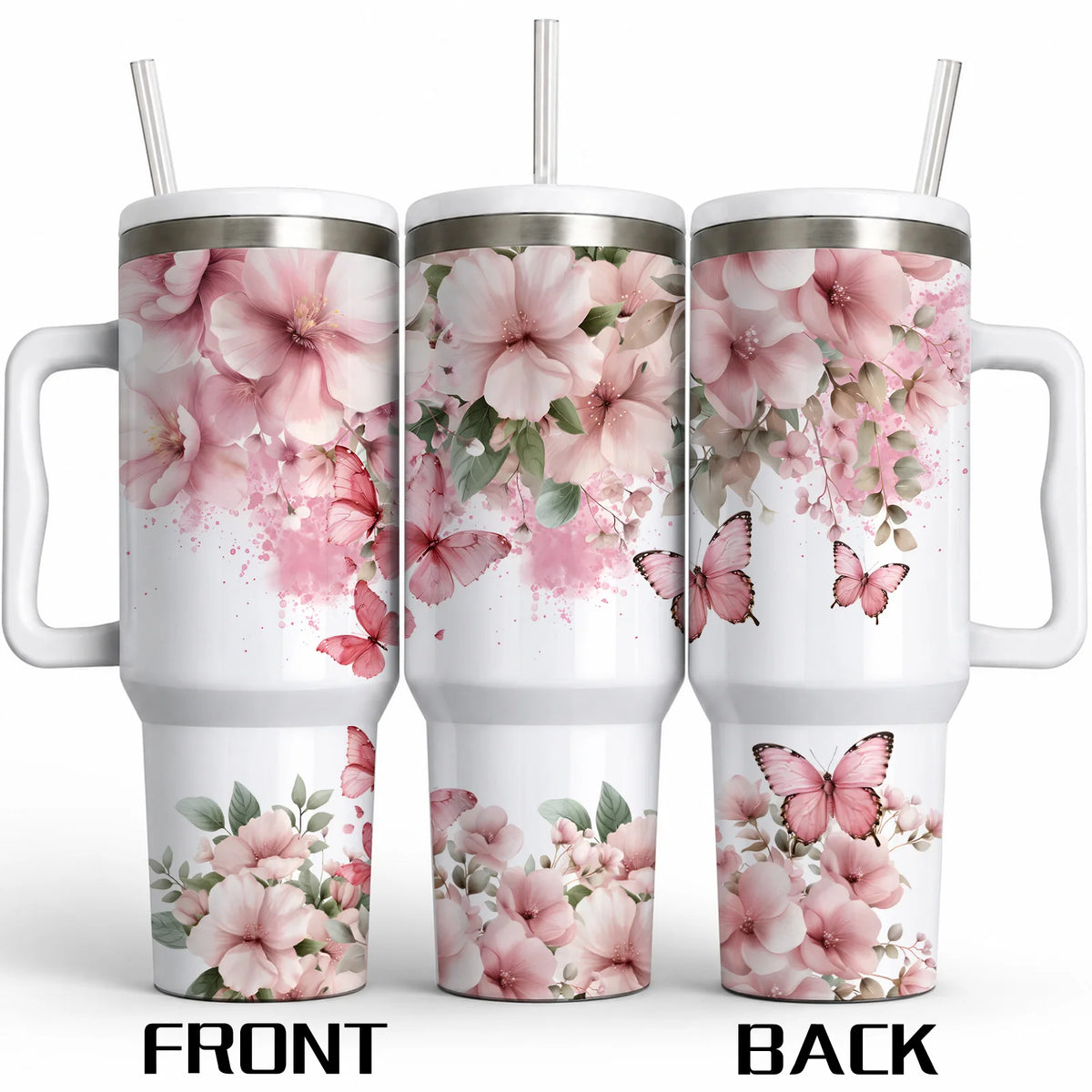 1pc of a 16Oz/40Oz Pink Floral Butterfly Tumbler Featuring a Handle And Straw Designed to Fit in Cup Holders