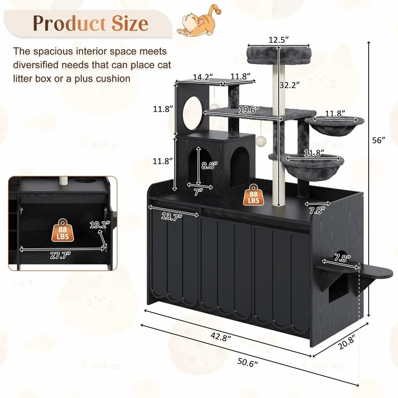 Black Cat Tree with Litter Box Enclosure, Sisal Scratching Post, Storage, Hammock, and Perch –