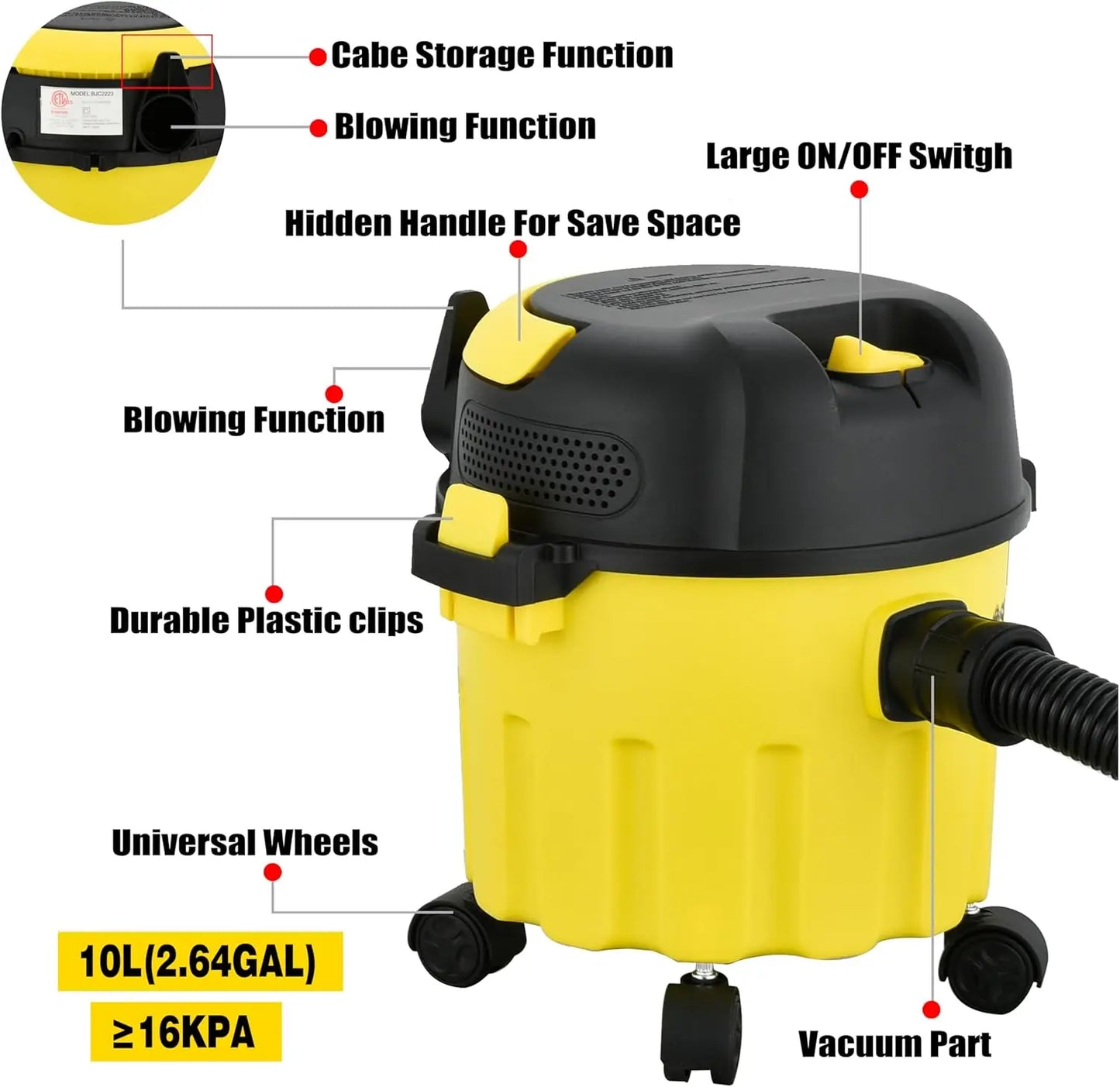 3-in-1 Wet Dry Vacuum, 2 Peak HP, Portable Shop Vacuum Cleaner . Pet Hair, Hard Floor,.