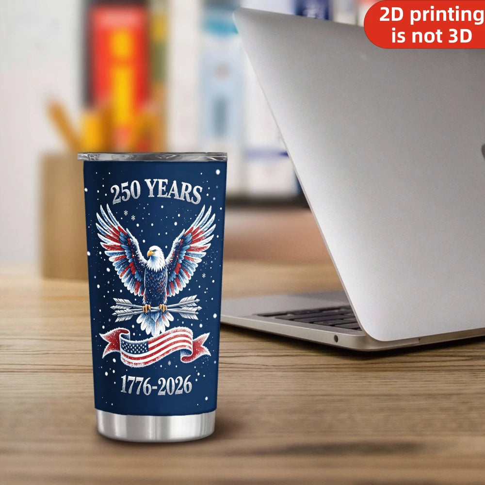 20oz USA 250th Anniversary Printed Stainless Steel Tumbler with Lid and Straw, Navy Blue Patriotic Eagle 1776-2026 American Flag .