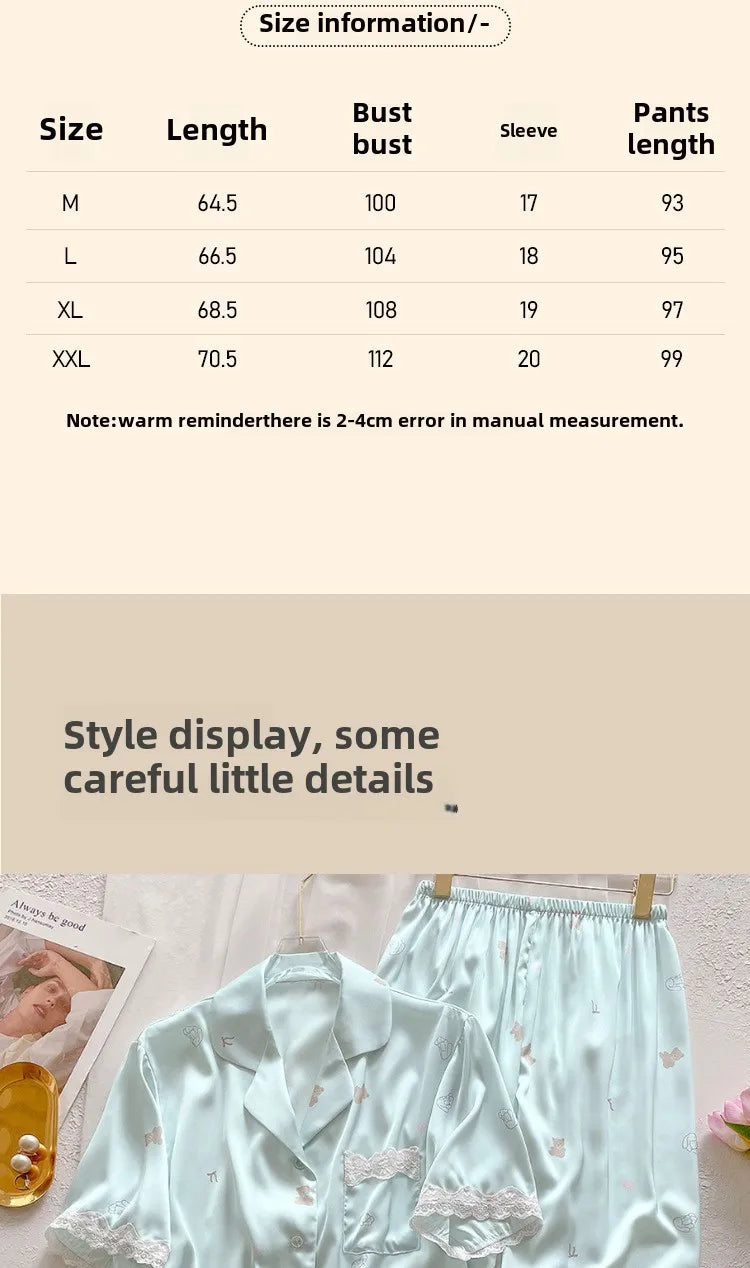 Bear Print Pajamas Women Cool Ice Silk Short Sleeve Pants