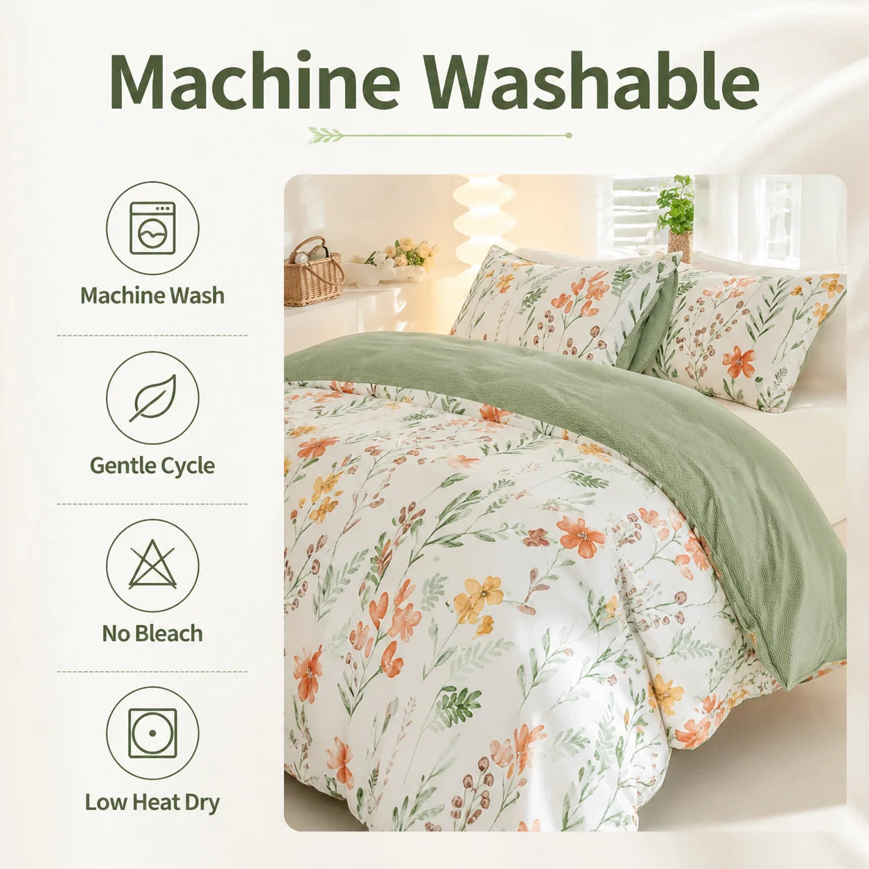 Botanical Floral Duvet Cover Set, Green White Bedding Set, Soft Plant Print Bed Cover with Pillowcases, .