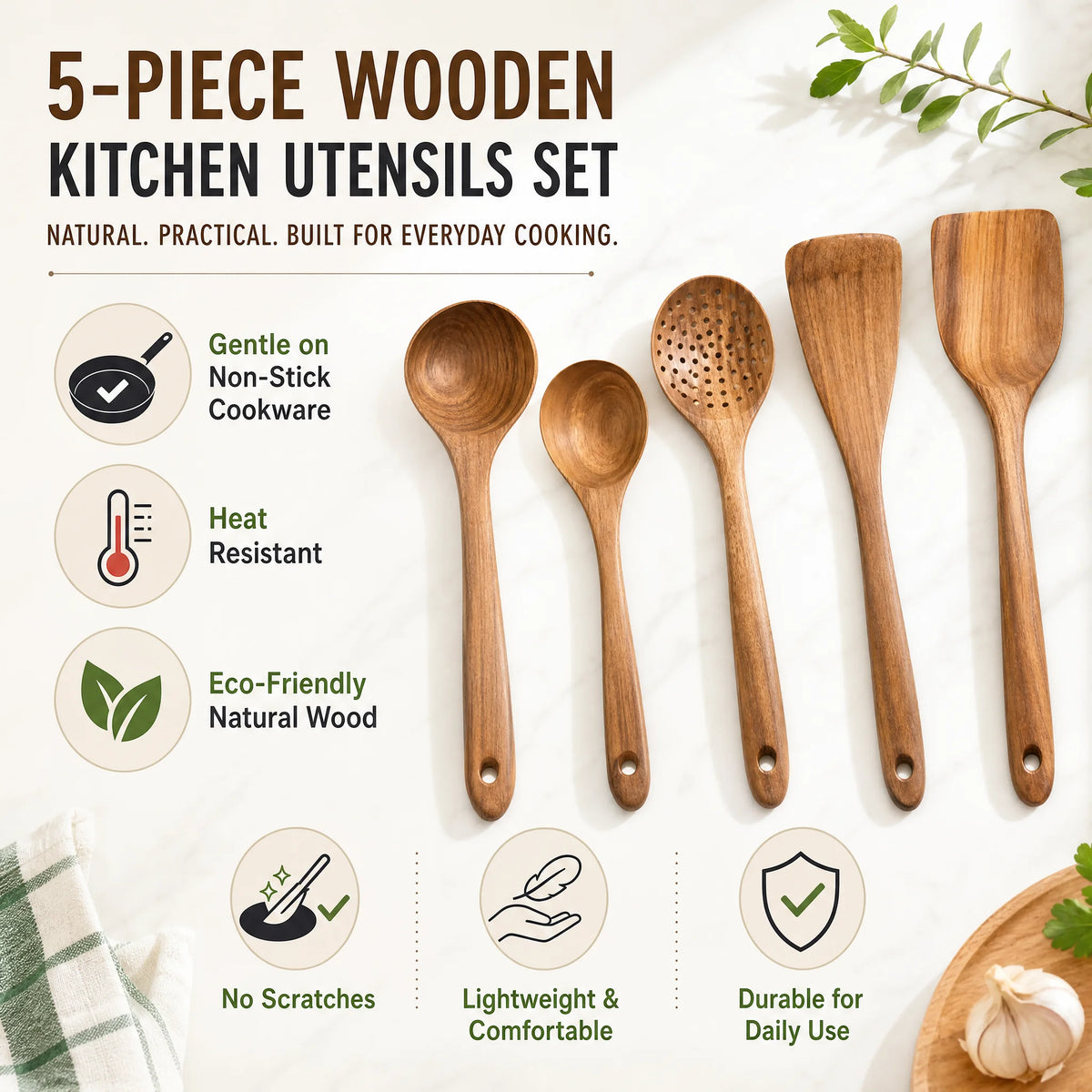 5-Piece Wooden Kitchen Utensils Set, Natural Wood Cooking Spoons and Spatulas, Heat Resistant Non-Stick Cookware .