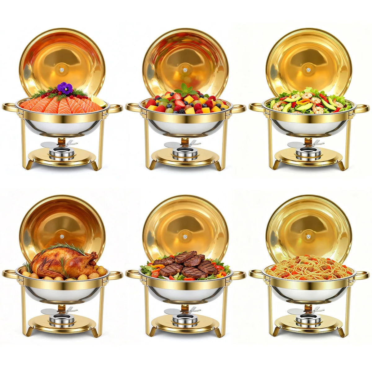 2/4/6 Pack Chafing Dish Buffet Set 5QT Round Gold-Plated Stainless Steel 316 with Glass Lids – .