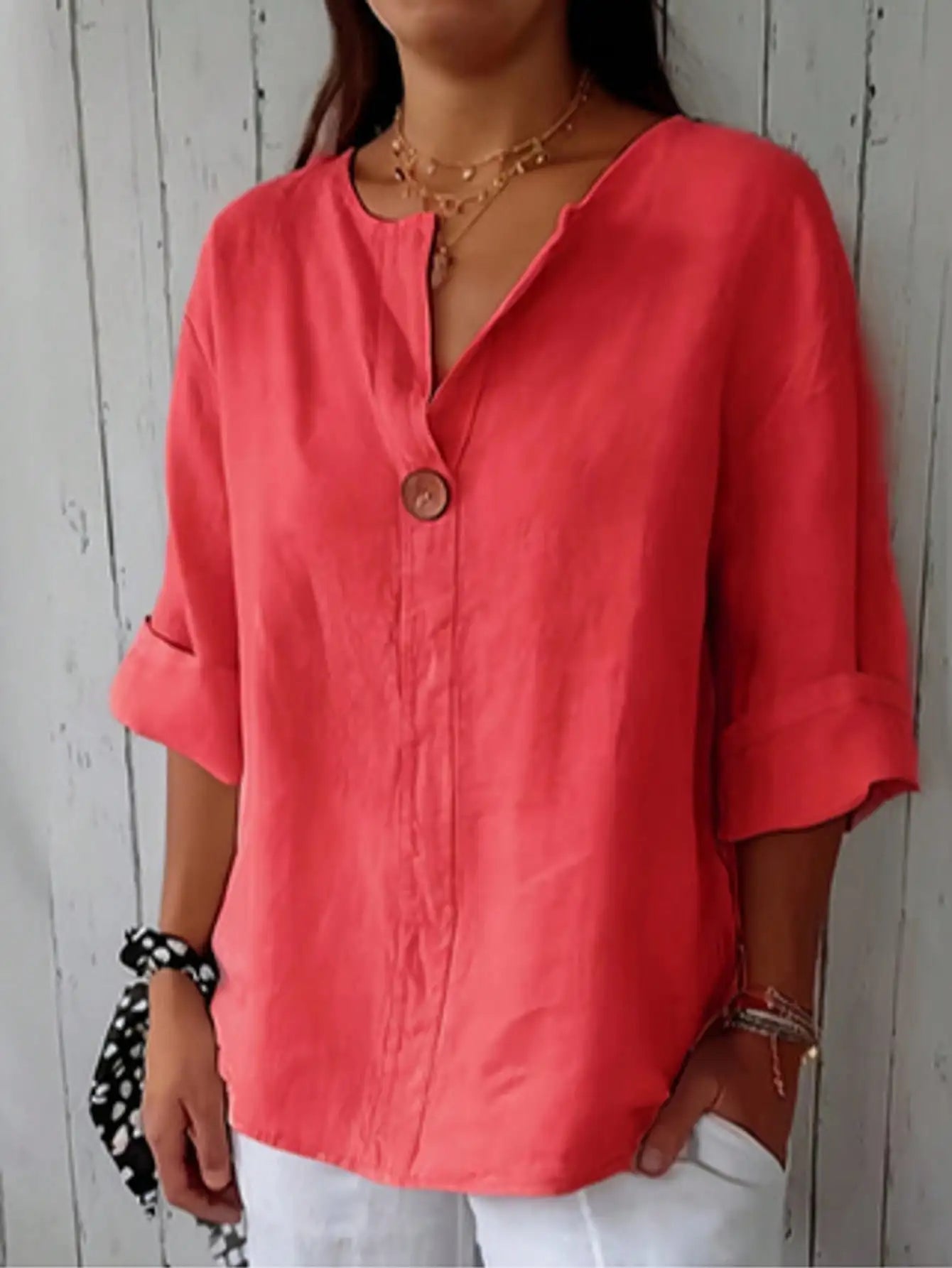Women's Notched Collar Button Up Woven Blouse Loose Fit Spring