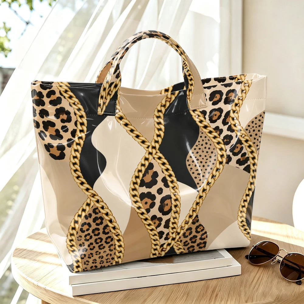 1pc Leopard Metal Chain Stitching Pattern Bright PVC Tote Bag, .