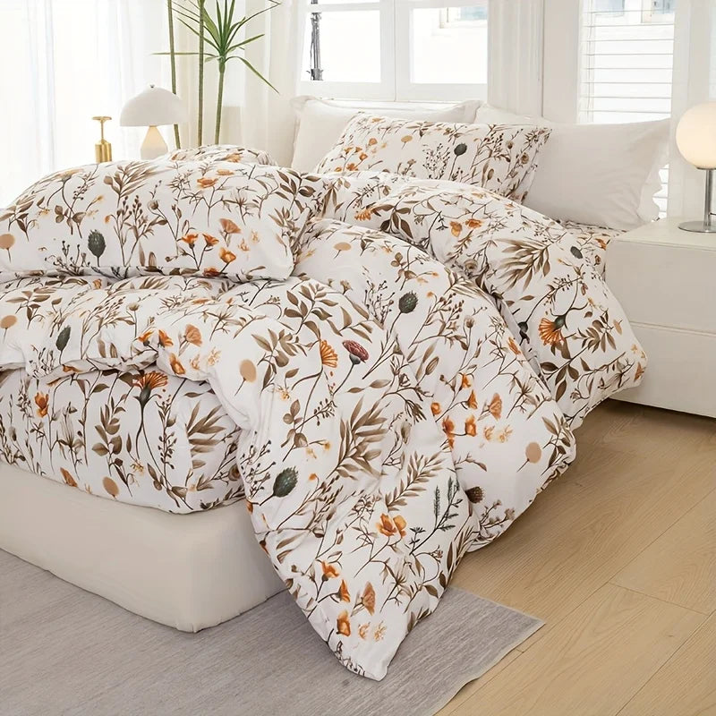 Floral Plant Print Quilt Cover Set,  Includes 1 Quilt Cover and 1-2 Pillowcases