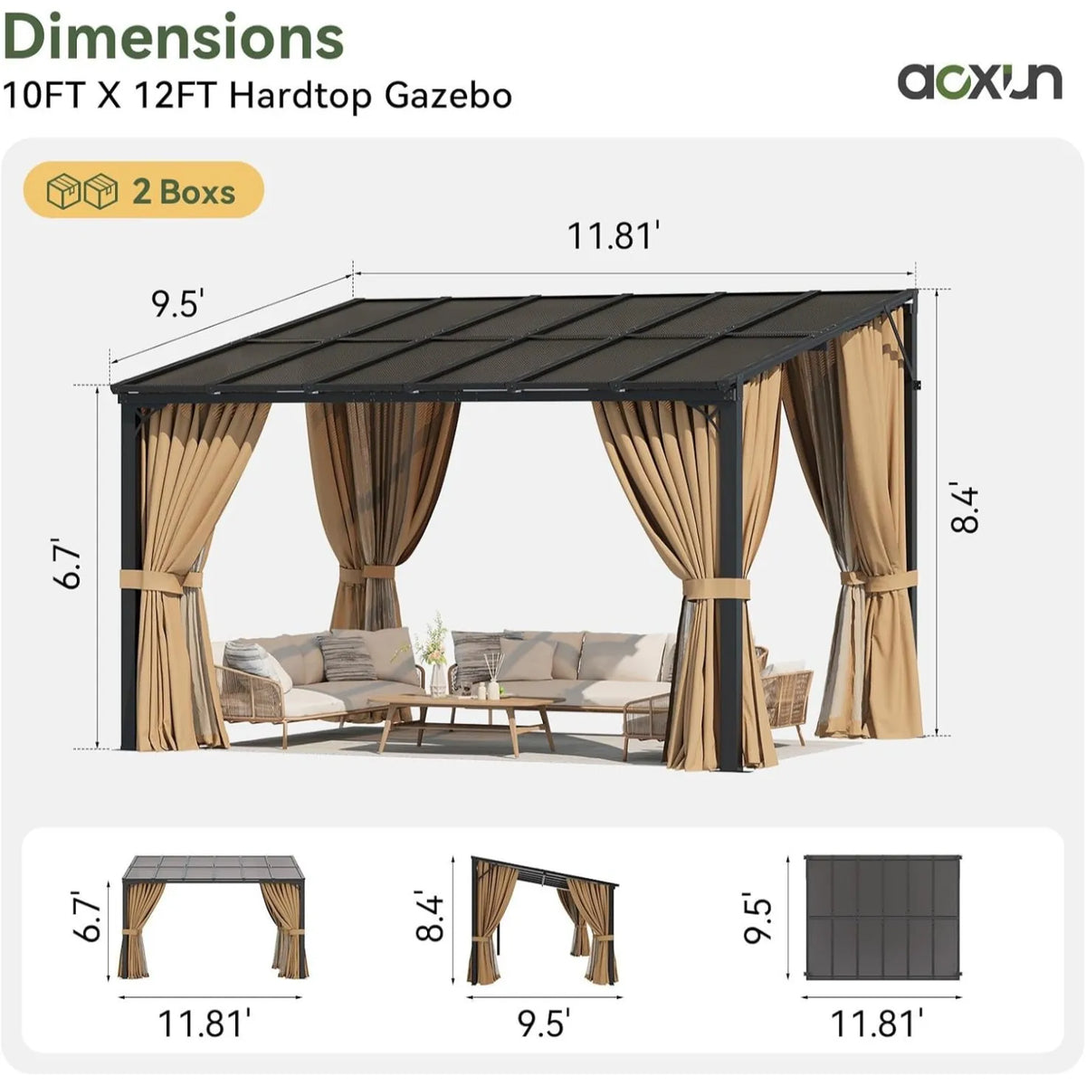 10'x12' Wall Mounted Pergola Gazebo Brown, Sloped Polycarbonate Roof Lean-To Canopy with Curtains & Mosquito Net, Aluminum Fram.
