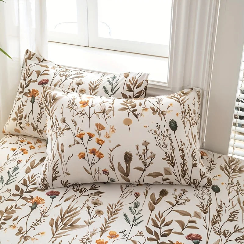 Floral Plant Print Quilt Cover Set,  Includes 1 Quilt Cover and 1-2 Pillowcases
