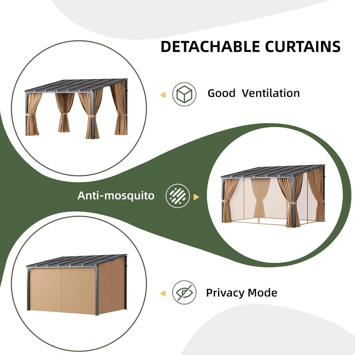10'x12' Wall Mounted Pergola Gazebo Brown, Sloped Polycarbonate Roof Lean-To Canopy with Curtains & Mosquito Net, Aluminum Fram.