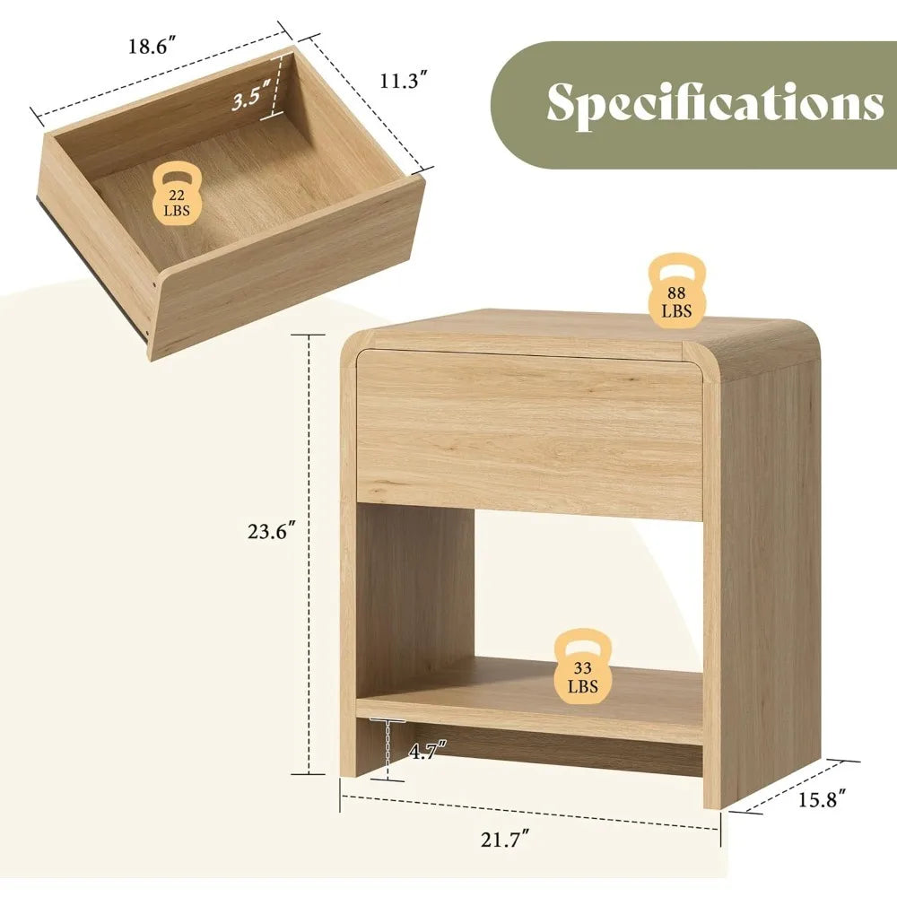 Modern Night Stand Set 2 with Storage Drawer & Open Shelves, 24"
