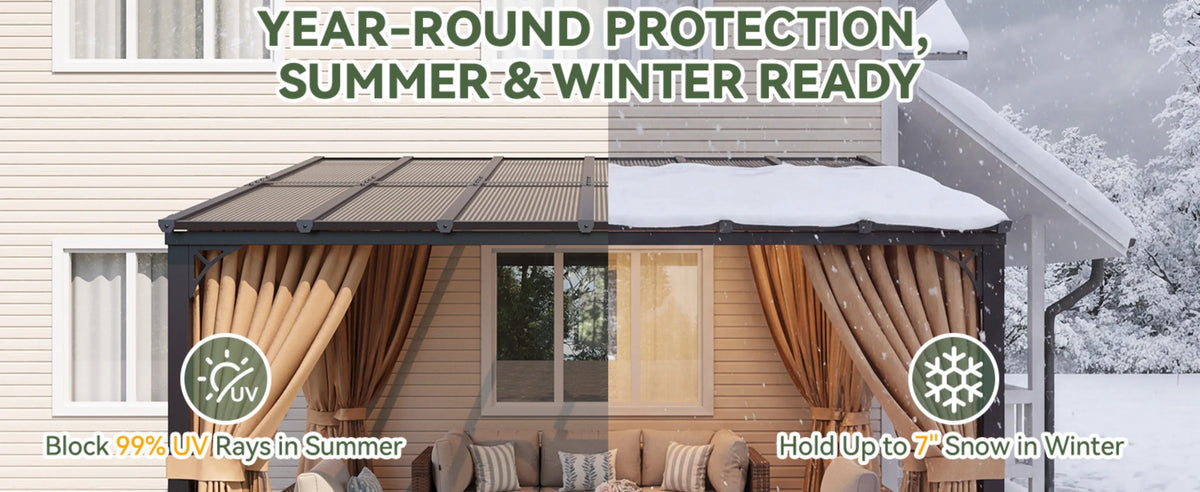 10'x12' Wall Mounted Pergola Gazebo Brown, Sloped Polycarbonate Roof Lean-To Canopy with Curtains & Mosquito Net, Aluminum Fram.