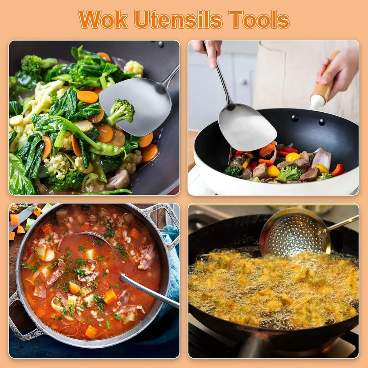 4PCS, Wok Spatula and Ladle, Skimmer Spoon, Slotted Turner Spatula Set, Stainless Steel Kitchen Utensils Sets, with Wooden Handle,.