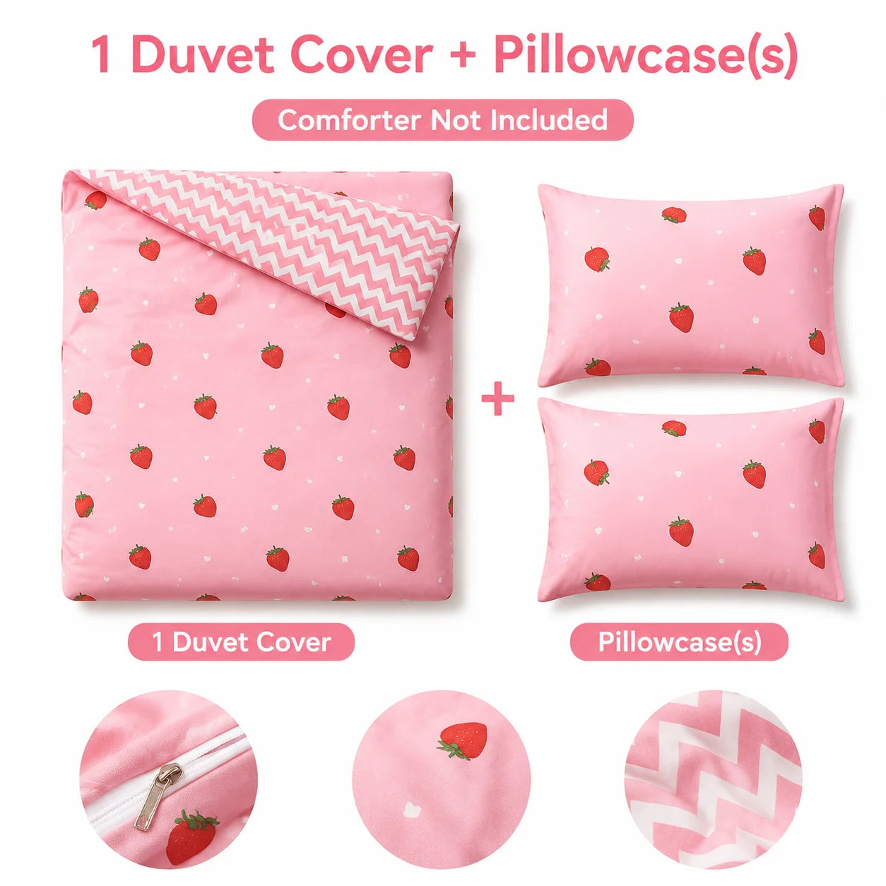 This Pink Strawberry Pattern Duvet Cover Set.  A Cute and Adorable Bedding Set Suitable for Girls, Children, and Teenagers..