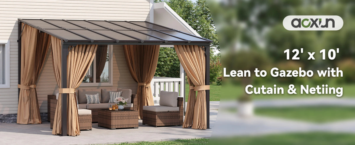 10'x12' Wall Mounted Pergola Gazebo Brown, Sloped Polycarbonate Roof Lean-To Canopy with Curtains & Mosquito Net, Aluminum Fram.