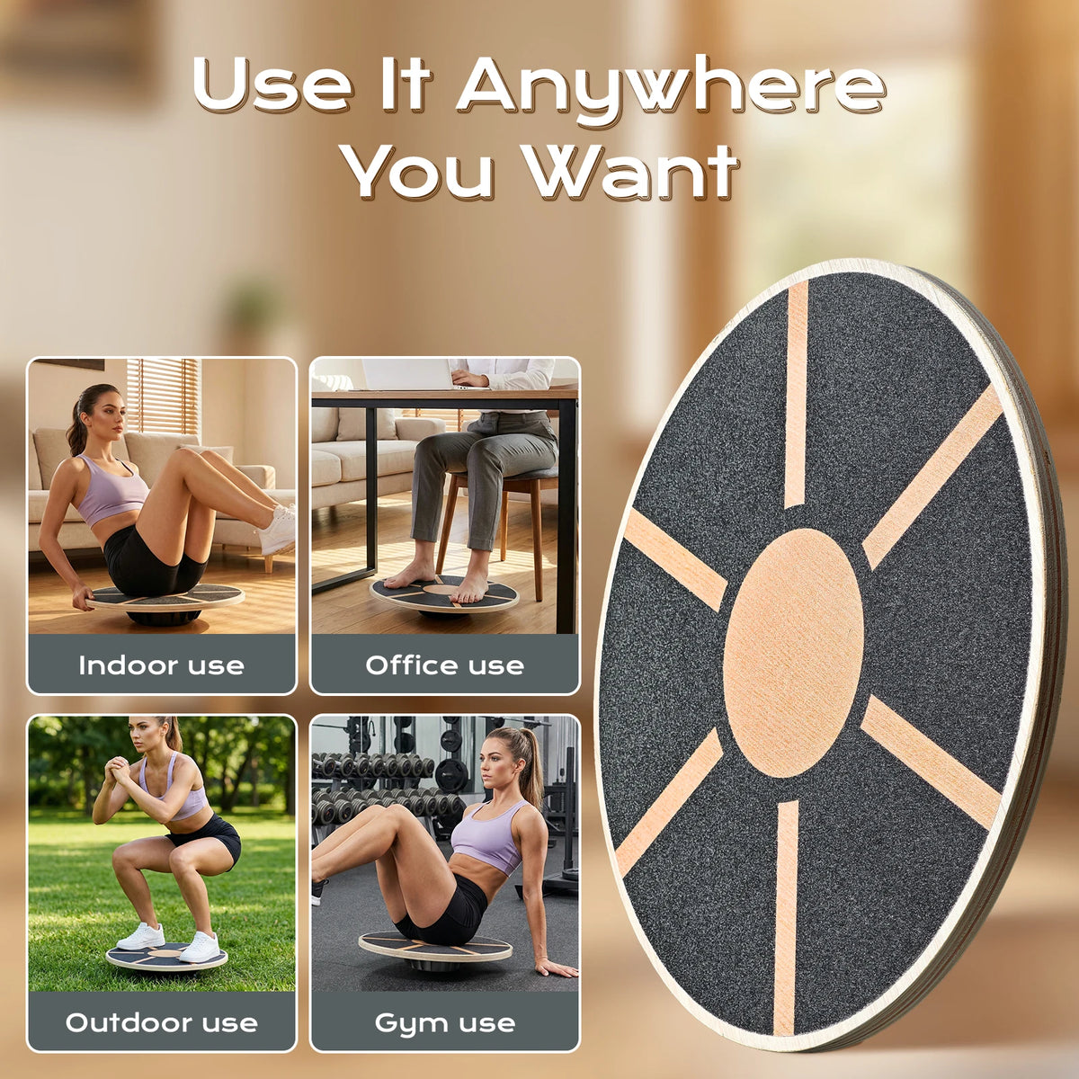 Wooden Balance Board, Wobble Board with Non-Slip Surface & Spherical Base for Core Training, Fitness, Yoga, Physical Therapy & Stability