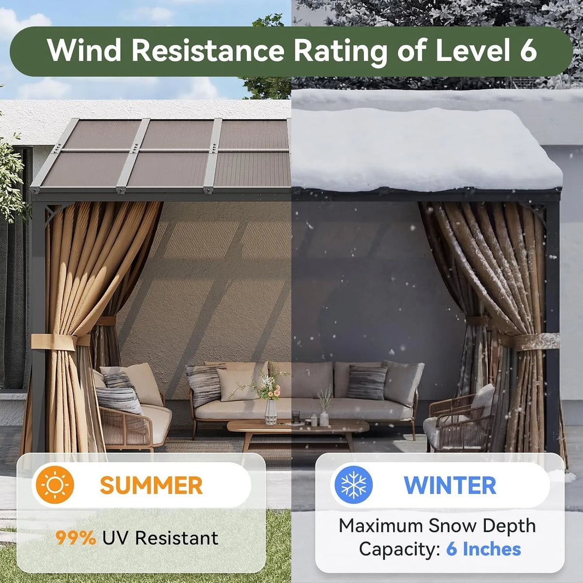 10'x12' Wall Mounted Pergola Gazebo Brown, Sloped Polycarbonate Roof Lean-To Canopy with Curtains & Mosquito Net, Aluminum Fram.