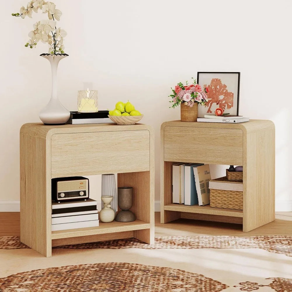 Modern Night Stand Set 2 with Storage Drawer & Open Shelves, 24"
