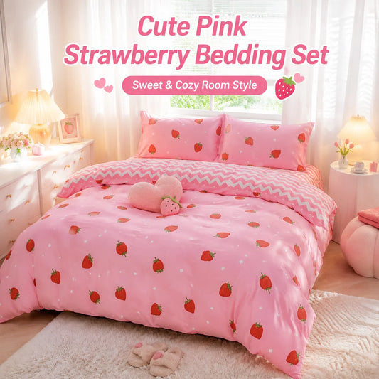 This Pink Strawberry Pattern Duvet Cover Set.  A Cute and Adorable Bedding Set Suitable for Girls, Children, and Teenagers..